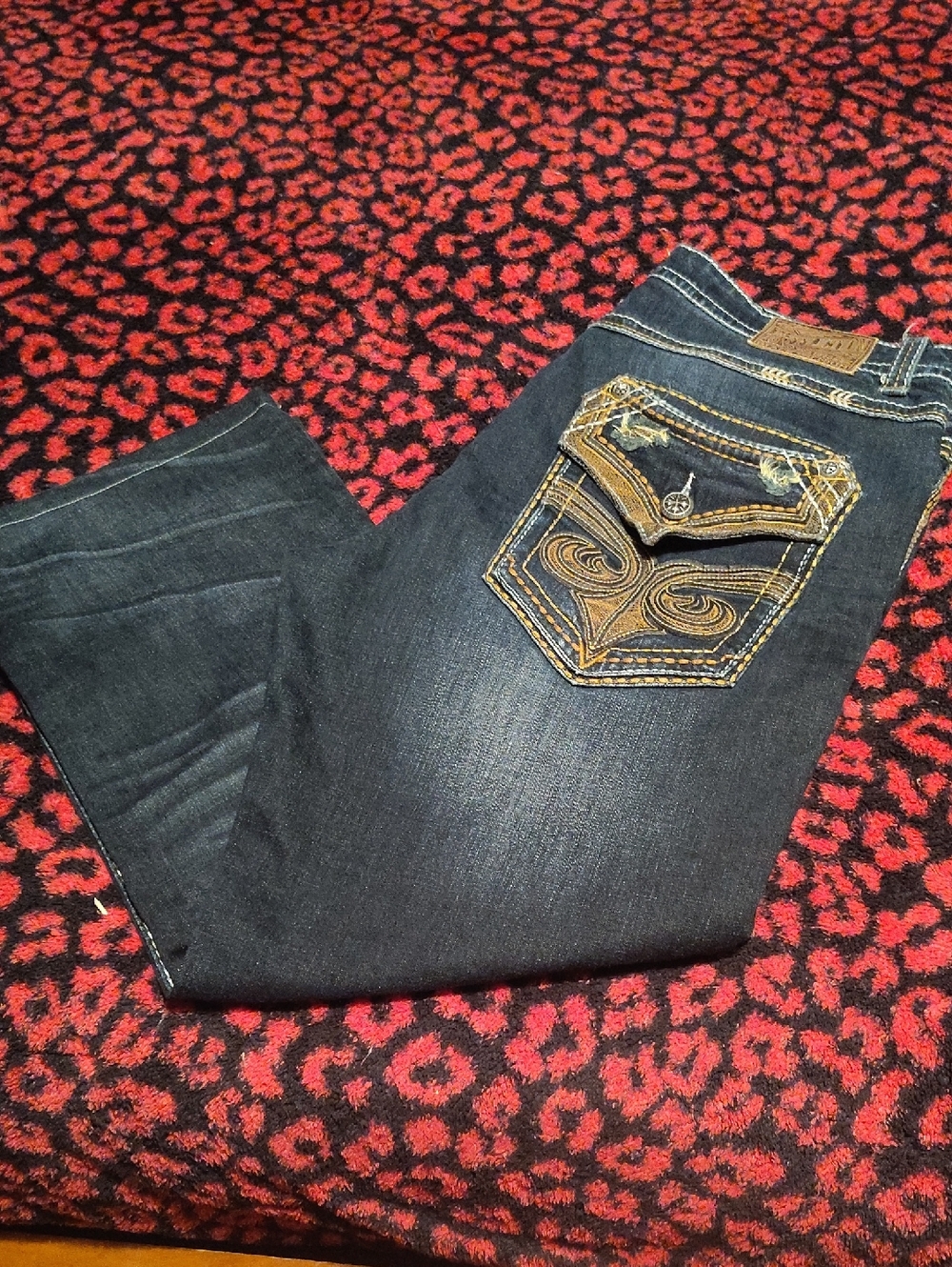 Affliction Dark Blue Relaxed Fit Jeans with Gold Stitching